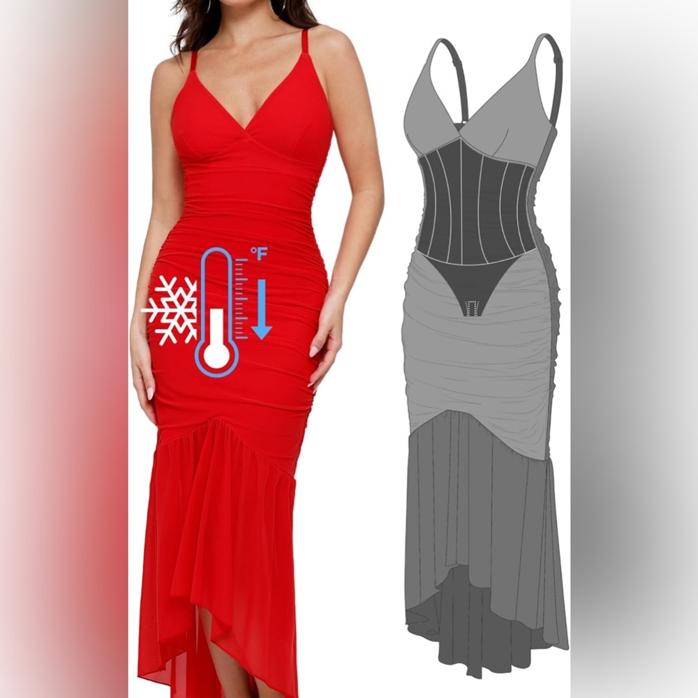 Popilush Shapewear Ruched Corset Cocktail Sheer Mesh Bodycon Maxi Mermaid Dress